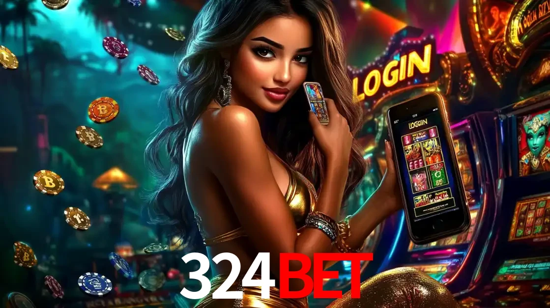 Mulher em um cenário de cassino temático de aventura, mostrando o app de caça-níqueis da 324BET no celular. Fichas de apostas flutuam ao redor.