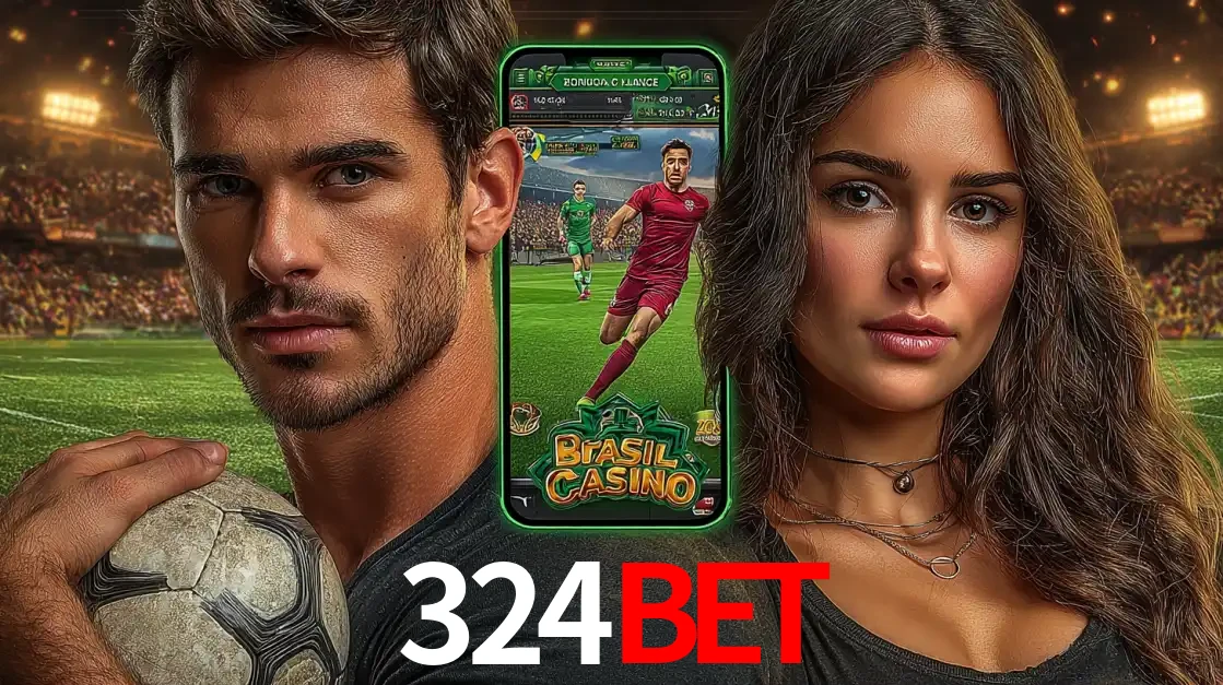 Homem segurando uma bola de futebol e uma mulher ao lado de um smartphone exibindo o jogo de apostas esportivas da 324BET. Faça seu palpite no cassino online.